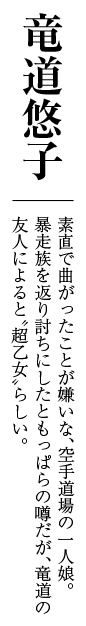 素直で曲がったことが嫌いな、空手道場の一人娘。暴走族を返り討ちにしたともっぱらの噂だが、竜道の友人によると“超乙女”らしい。